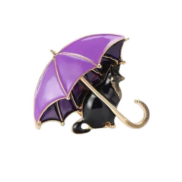 BLACK CAT WITH PURPLE UMBRELLA BROOCH - Picture 1 of 1